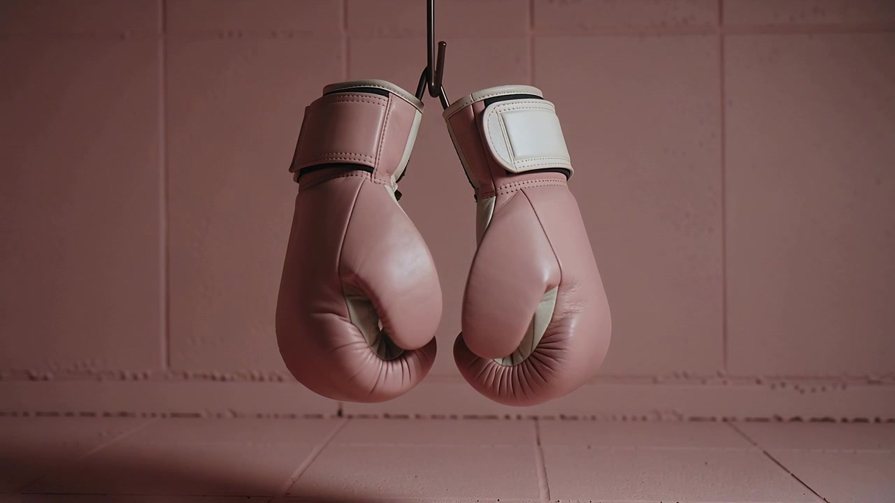 Guantoni da boxe rosa che oscillano ruotando da una posizione angolata verso il centro, appesi a un gancio in un angolo piastrellato