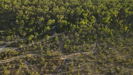 Clip-Orbital-Aéreo-De-Un-4x4-Conduciendo-Lentamente-En-El-Remoto-Interior-De-Australia,-Al-Final-De-La-Tarde-En-Una-Pista-Forestal,-Clip-Cinco