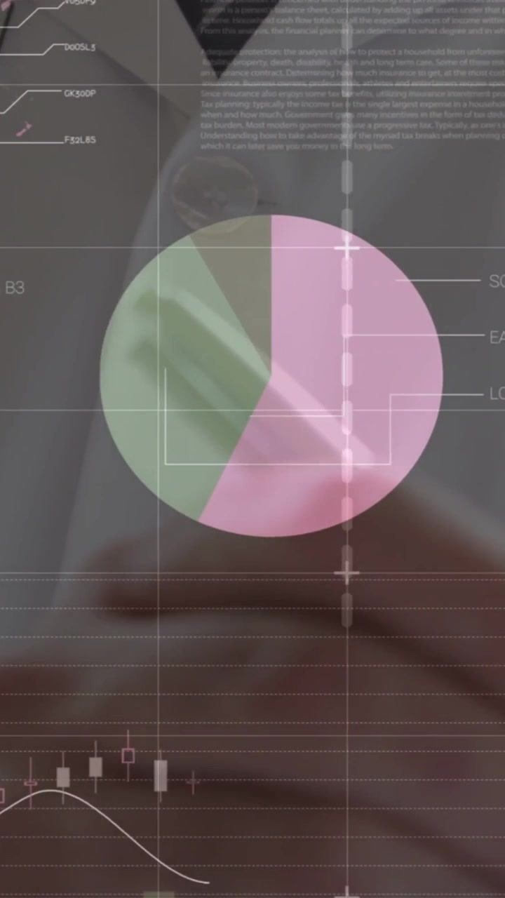 Vertikal video: Mand i frakke bevæger pen, starter AR-cirkeldiagram og procentmålinger til sundhedsgennemgang.