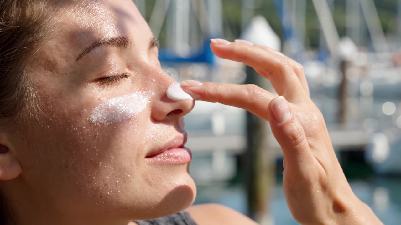 A woman applying sunscreen to her face while enjoying a sunny day near a marina, showcasing the importance of sun protection for skincare and health.