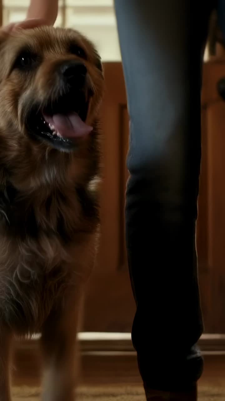 Vertical video: Opening door person in blue-jeans boots entering dog circling hand petting greeting