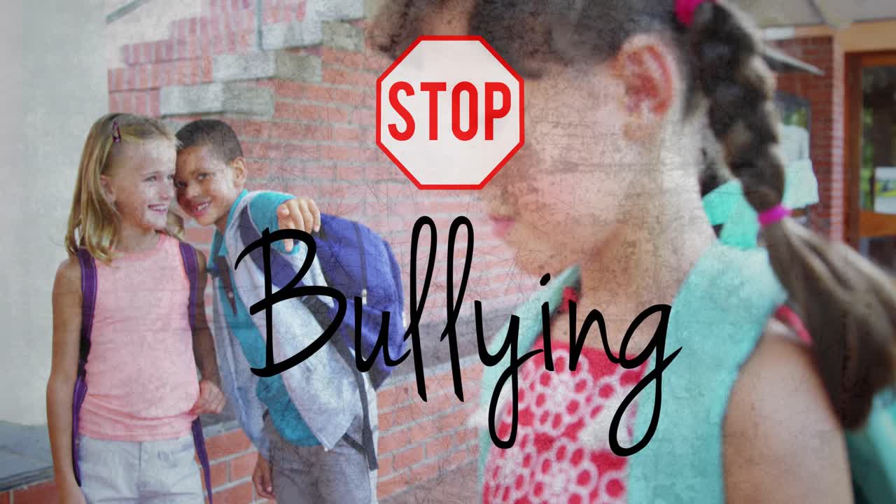 Stop sign and bullying text over kids making fun of a girl in school against flickering background