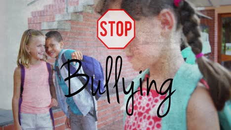 stop sign and bullying text over kids making fun of a girl in school against flickering background