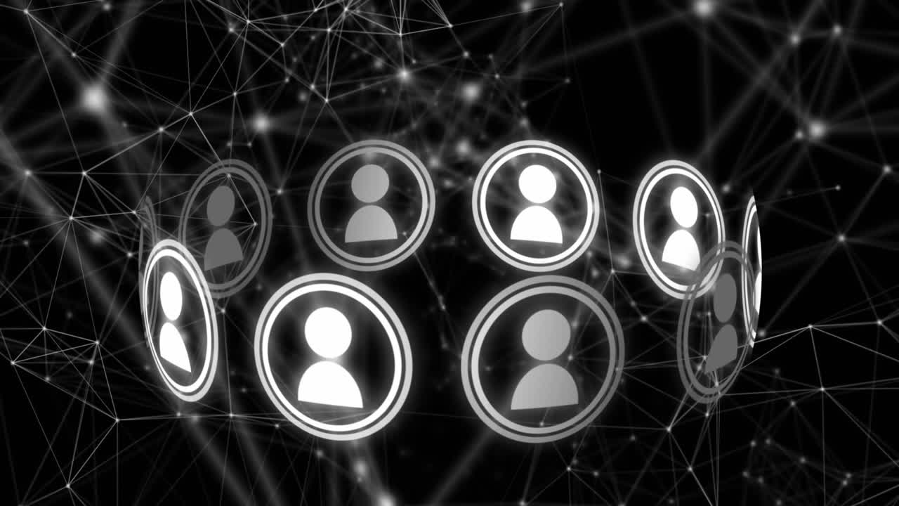 animación del icono del perfil en círculos sobre puntos conectados contra un fondo negro