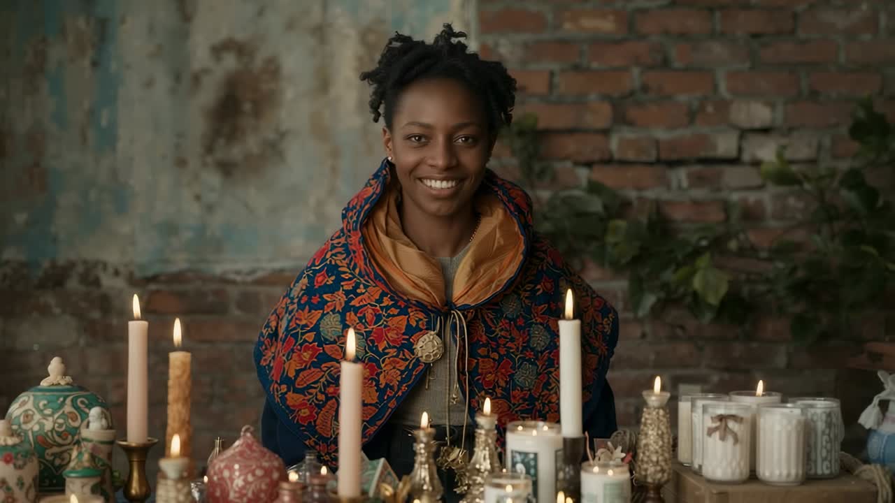 Flickering candlelight inspiring artisan inspecting candles in rustic workshop, with ornate jars