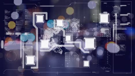 Animación-De-La-Interfaz-Con-Procesamiento-De-Datos-Sobre-Un-Globo-Giratorio-Contra-El-Tráfico-Nocturno-De-La-Ciudad