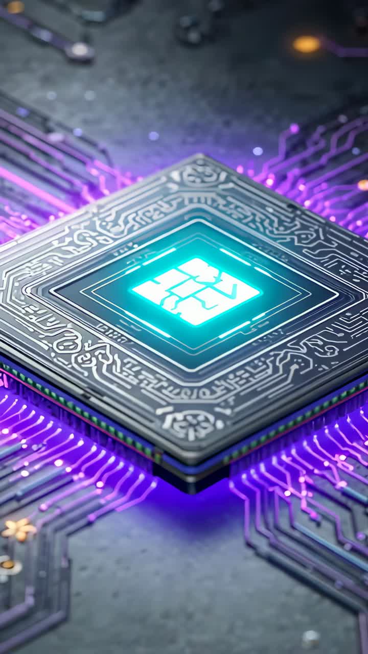 Vertical video: Pulsing processor chip amplifying cyan core on dark board, powering purple traces