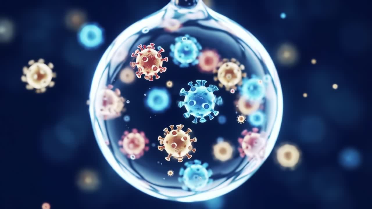 Visualizing Microbial Particles in a Spherical Environment: A Detailed Look at Viral Structures and Their Dynamic Interactions in a Microscopic World