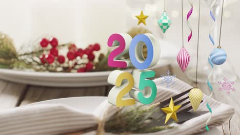 Animation-of-20254-text-and-christmas-place-setting-and-decorations-in-background