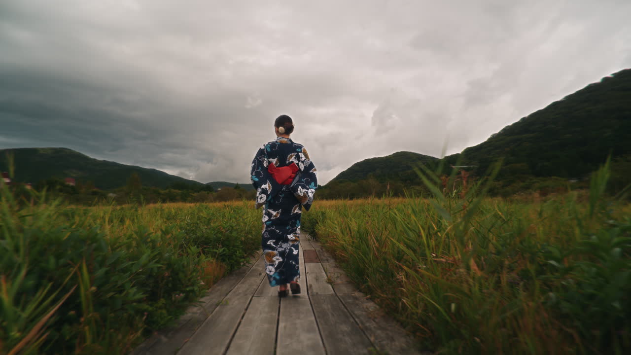 Woman in Kimono Walking on Wooden Path in Marsh