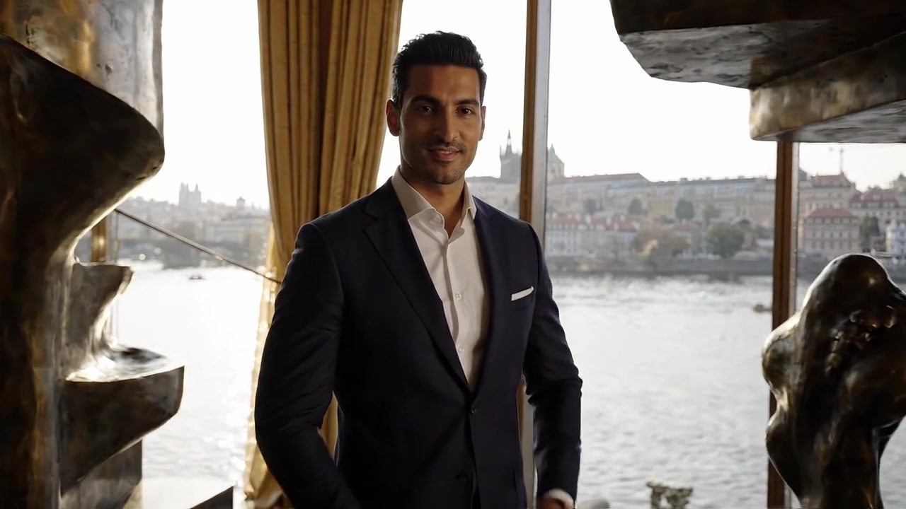 Homem elegantemente vestido em pé em um interior artístico com vista panorâmica do rio e esculturas únicas, apresentando uma fusão de arte moderna e sofisticação.