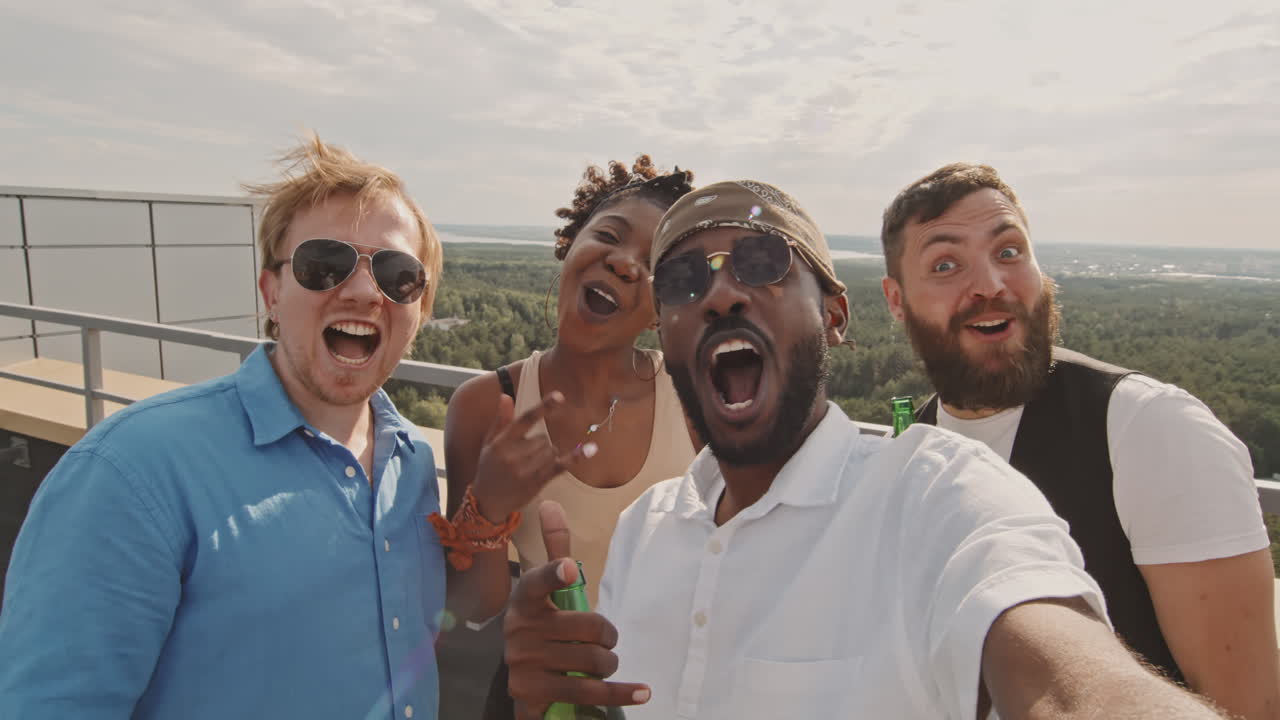 POV of Friends Taking Selfie on Rooftop and Partying