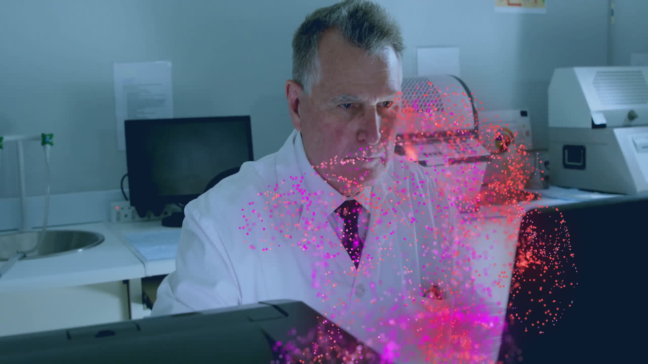 Senior technician leaning over bench in clinical lab, with animated icons and charts floating