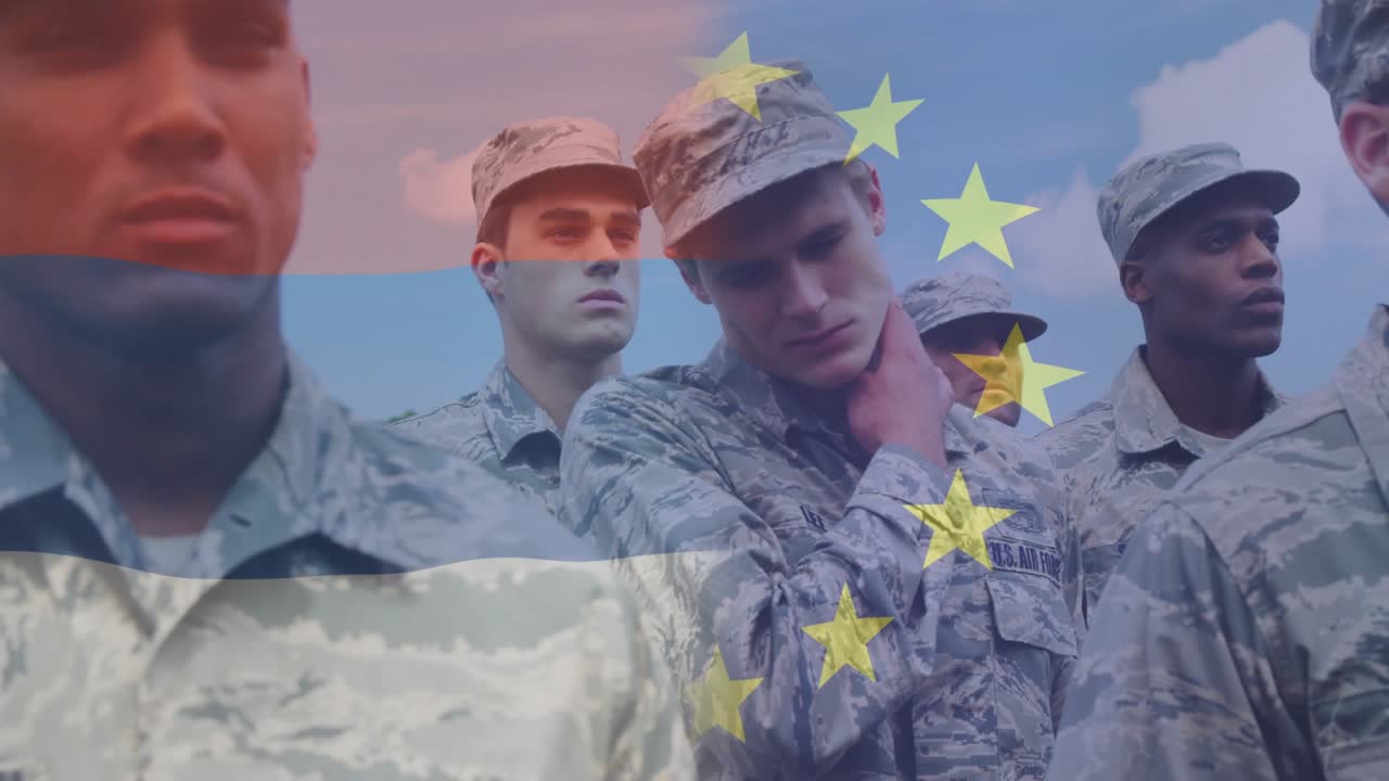 Camera pulling back revealing military unit holding posture drifting EU star overlay for duty