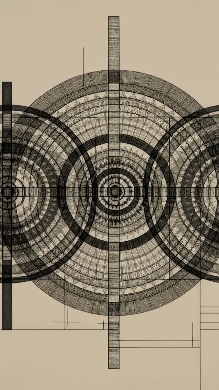 Video verticale: Tre anelli che si spostano e vibrano su cinque fotogrammi su carta beige con croce e griglia.