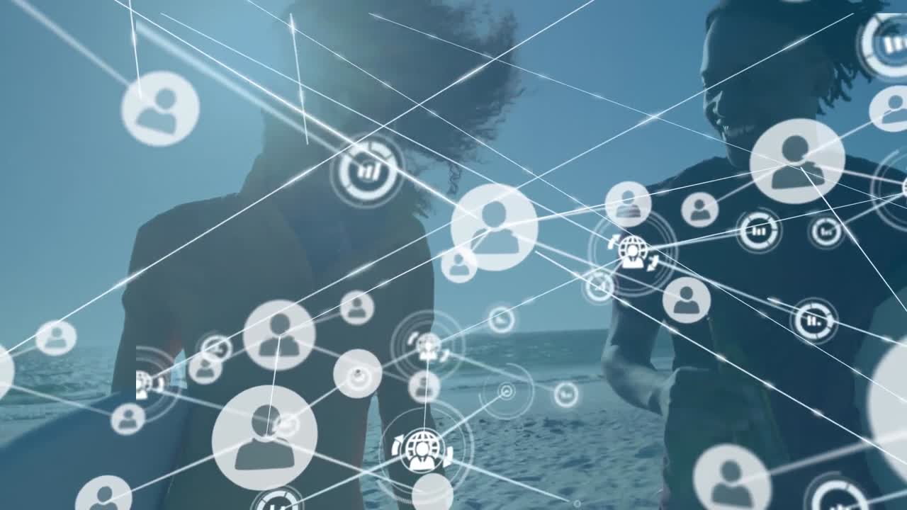 행복한 아프리카계 미국인 커플에 대한 미디어 아이콘과의 연결 네트워크의 애니메이션