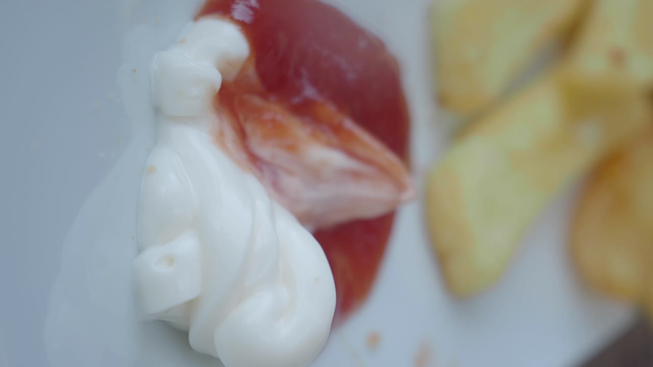 Intingere patatine fritte nella maionese e nel ketchup