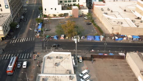 aerial view of homeless encampments and urban streets