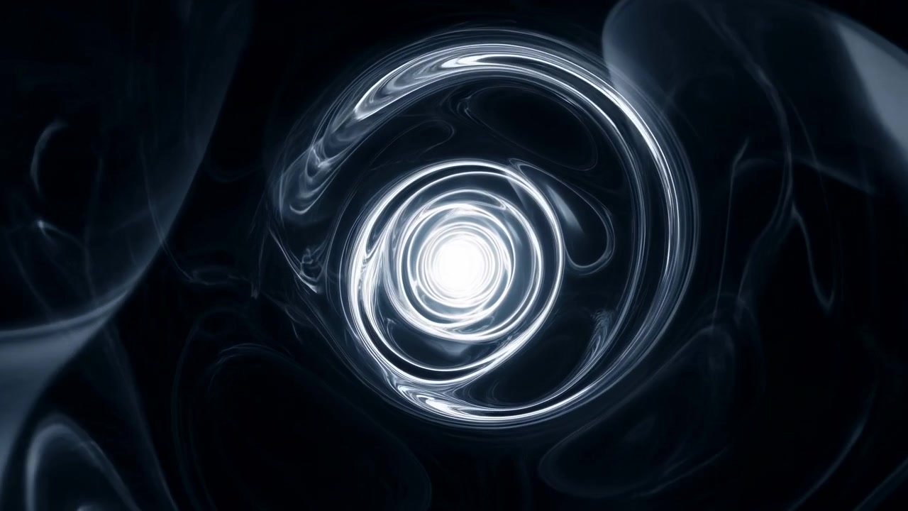 Hypnotisk blank hvirveltunnel spiralformet mod et lyst centrum, hvirvlende reflekterende overflader og glasagtigt lys