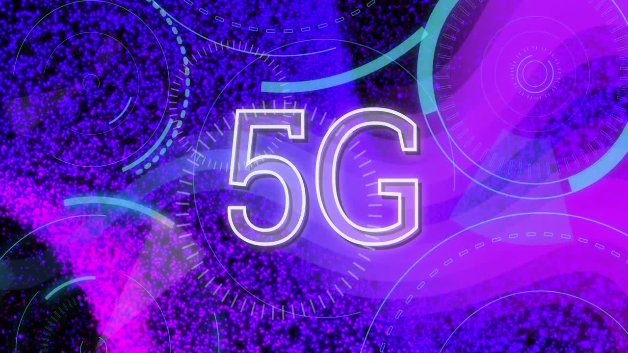 5g 텍스트 배너, 둥근 스캐너 및 검은 바탕에 보라색 디지털 파동의 애니메이션