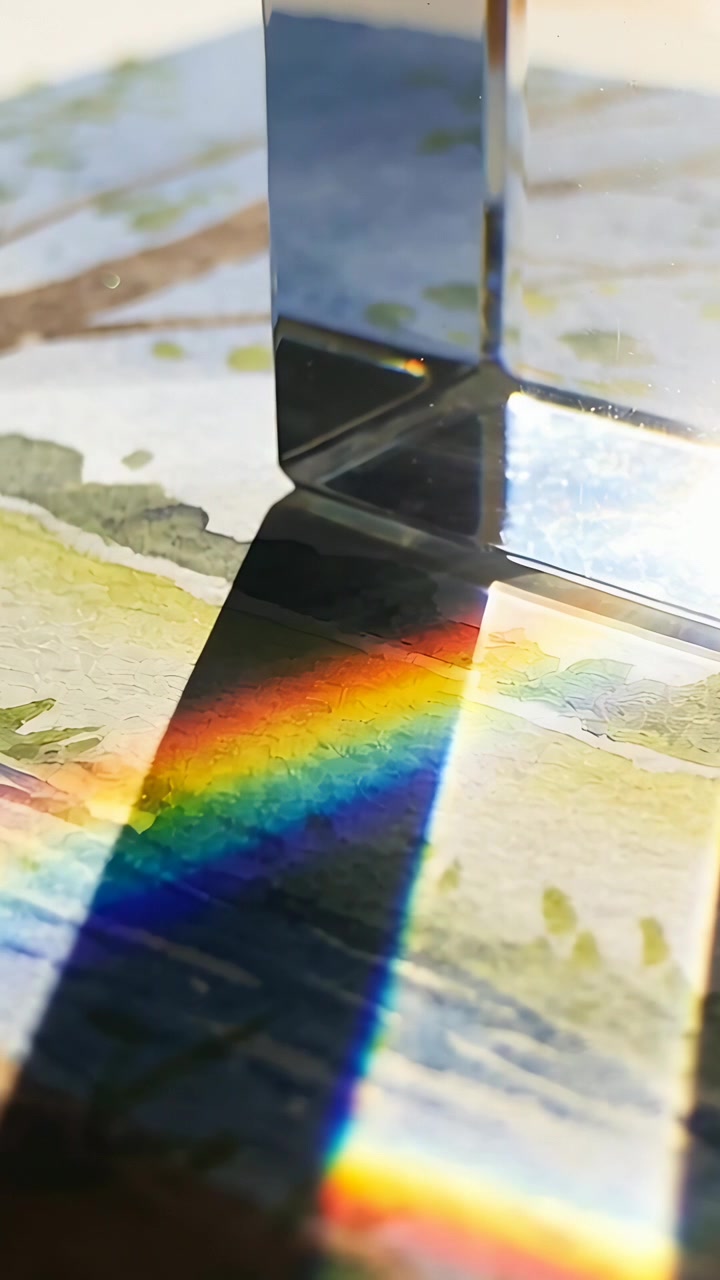 Vertical video: Shining sunray striking prism sending rainbow on watercolor paper, shadow sliding