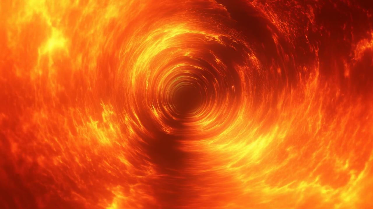Fiery Vortex Tunnel With Swirling Flames, Immersive CGI Loop Showing Blazing Spiral Corridor Like Molten