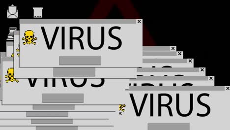 animación digital de múltiples pestañas con icono de cráneo y texto de virus contra la interfaz digital de la computadora