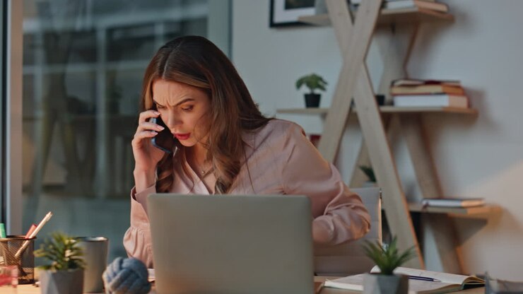 Frustrated businesswoman calling smartphone in office. Angry manager reviewing
