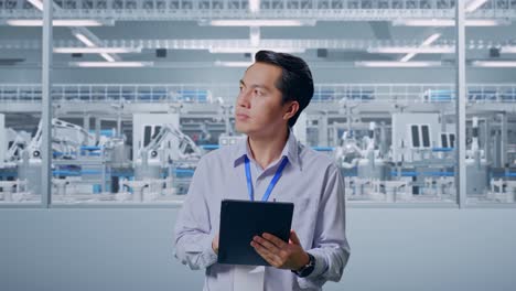 asian male professional worker standing with his tablet at factory digitalization, he observes by looking around before he come to concentrating with his tablet