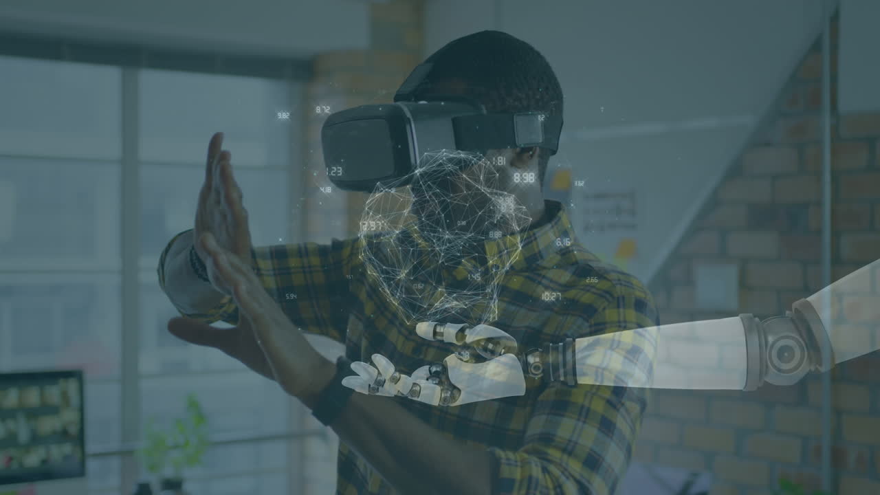 Animation of globe of connections over robot's arm and man wearing vr headset in background