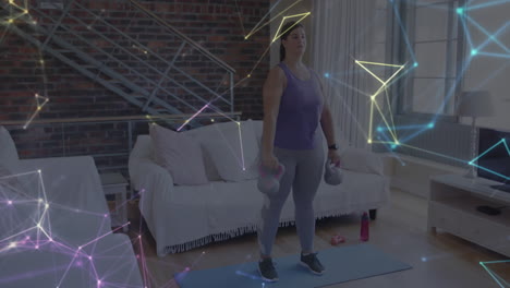 animation of network of connections over woman lifting kettlebells exercising at home