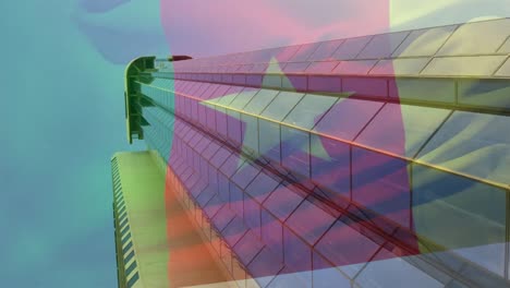 animación de la bandera de camerún y procesamiento de datos financieros sobre el paisaje urbano