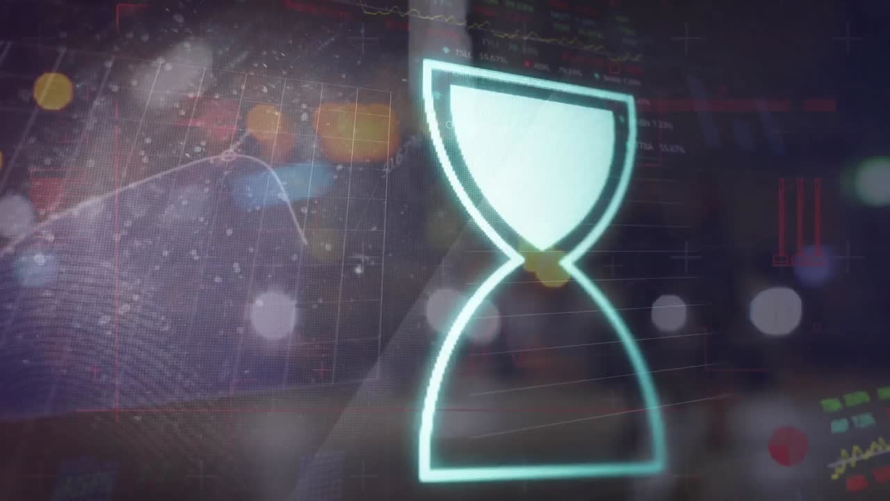 animación de iconos de reloj de arena y procesamiento de datos fuera de enfoque de la ciudad de fondo