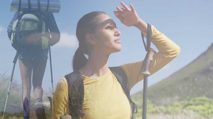 Composición de mujer haciendo senderismo en el campo y admirando la vista desde la montaña