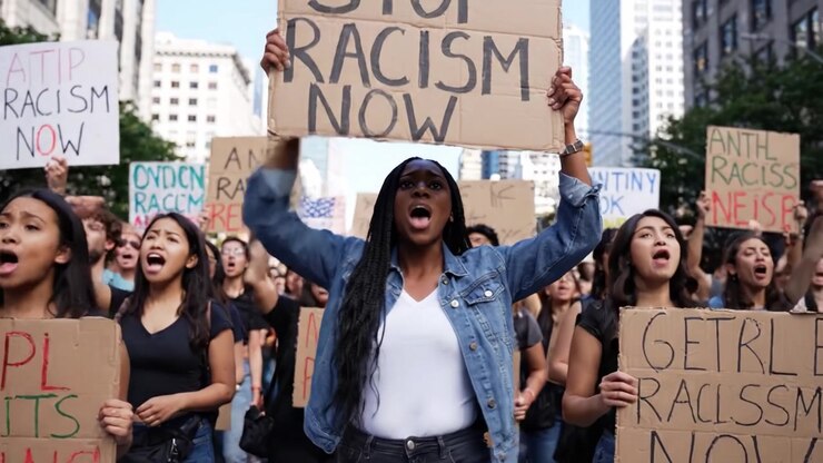 Voci unite che si levano contro la discriminazione: una vigorosa protesta per la giustizia razziale e l'uguaglianza dimostrata attraverso slogan che proclamano 'Stop al razzismo ora' in un contesto urbano.