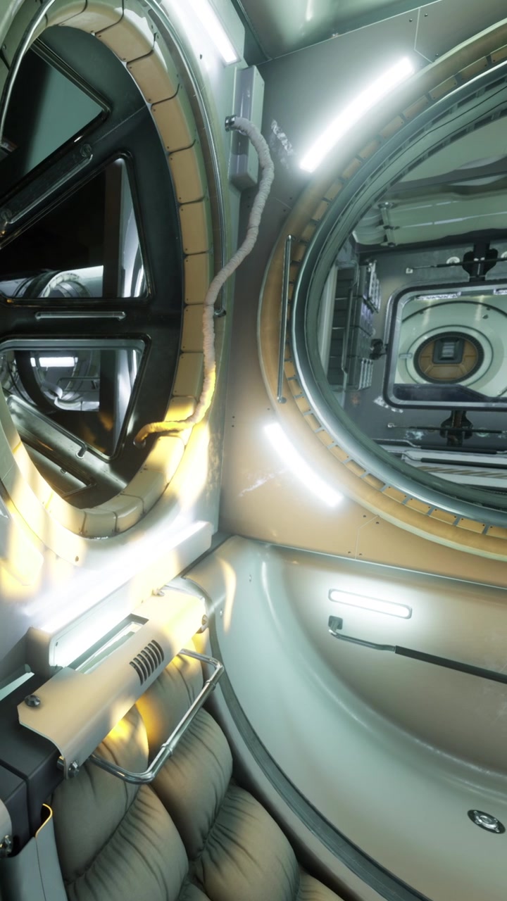 Inside a space station module with lights and a viewing window