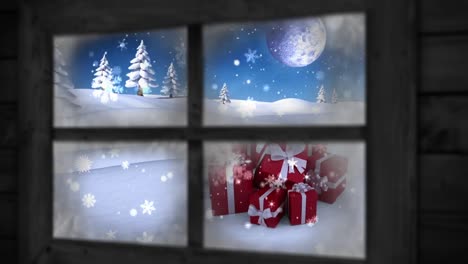 Animation-of-window-view-of-gifts-and-winter-landscape