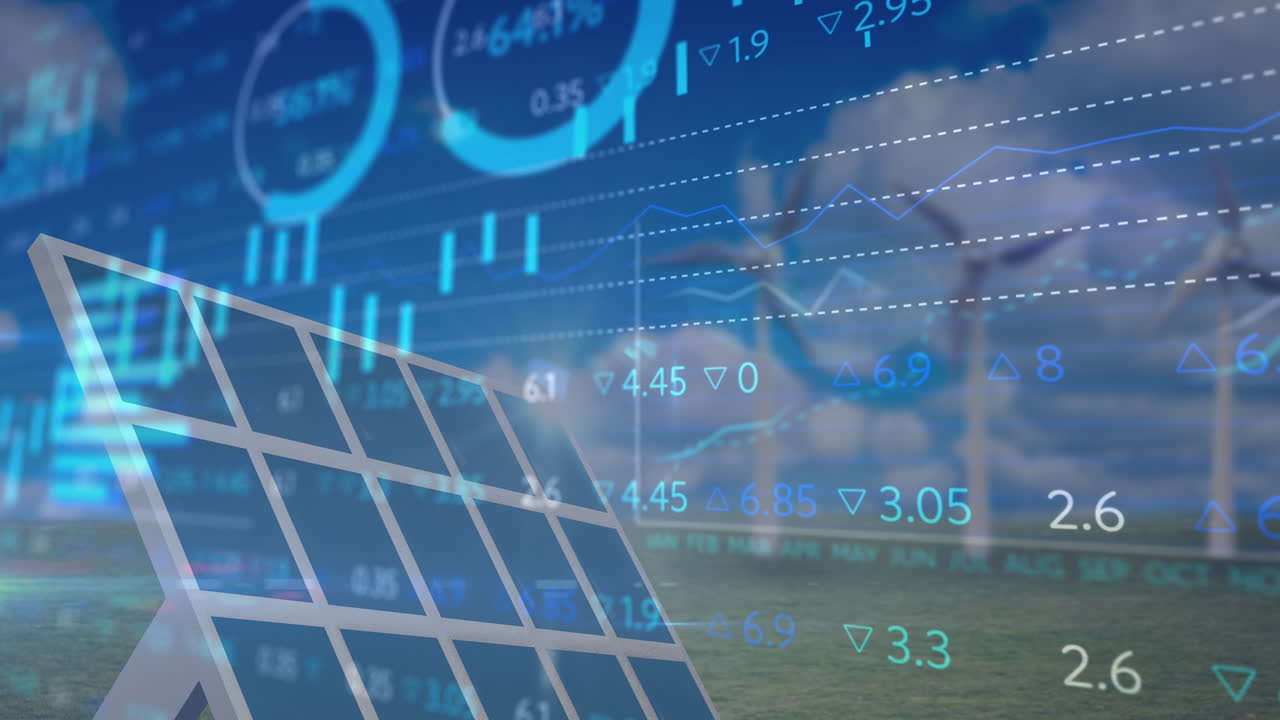 배경에서 태양 전지 패널과 풍차에 대한 금융 데이터 처리