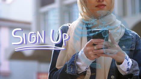 animation of sign up text and globe over biracial woman using smartphone