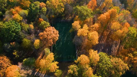 drone shot of a soccer playground surrounded by colorful vibrant fall trees in kaunas, lithuania in autumn time