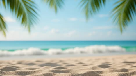 a serene beach scene with a low-angle view, featuring soft sand, a calm ocean, and palm leaves