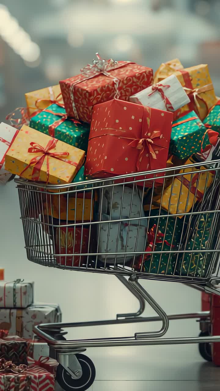 Vertical video: Entering blurred shopper moving metal cart through retail aisle, with festive gifts