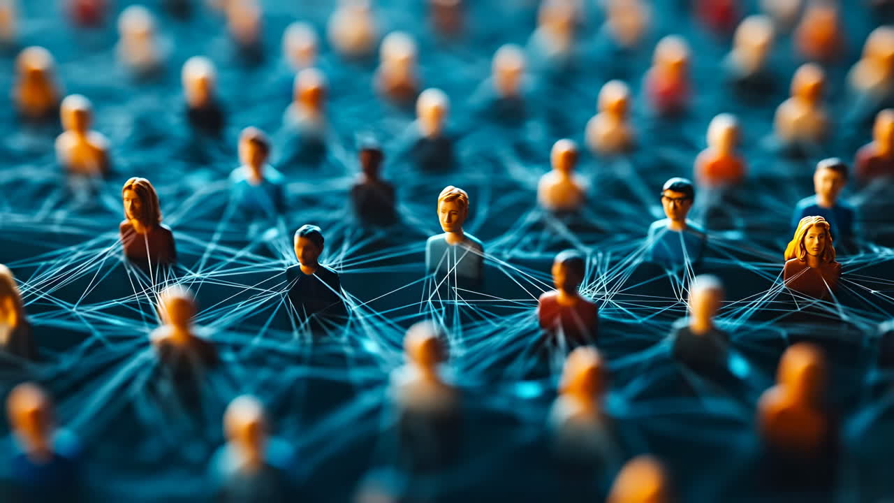 Diverse connections network. A lively scene depicts figures linked by lines, representing social networks and human connections