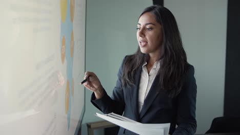 mujer gerente latina señalando con bolígrafo y hablando de proyecto