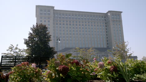 michigan central station with flowers in the foreground in detroit, michigan with stable video.