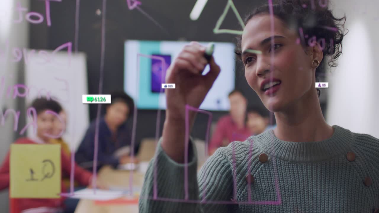 Presenter with green marker, drawing grid on glass, animating chat badges showing app metrics