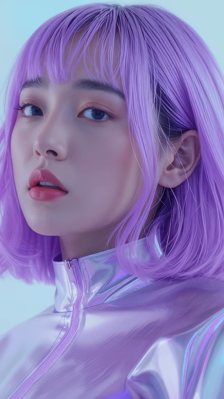 Vertical video: Model raising gaze turning to 3 or 4 view in studio with metallic zip-up top