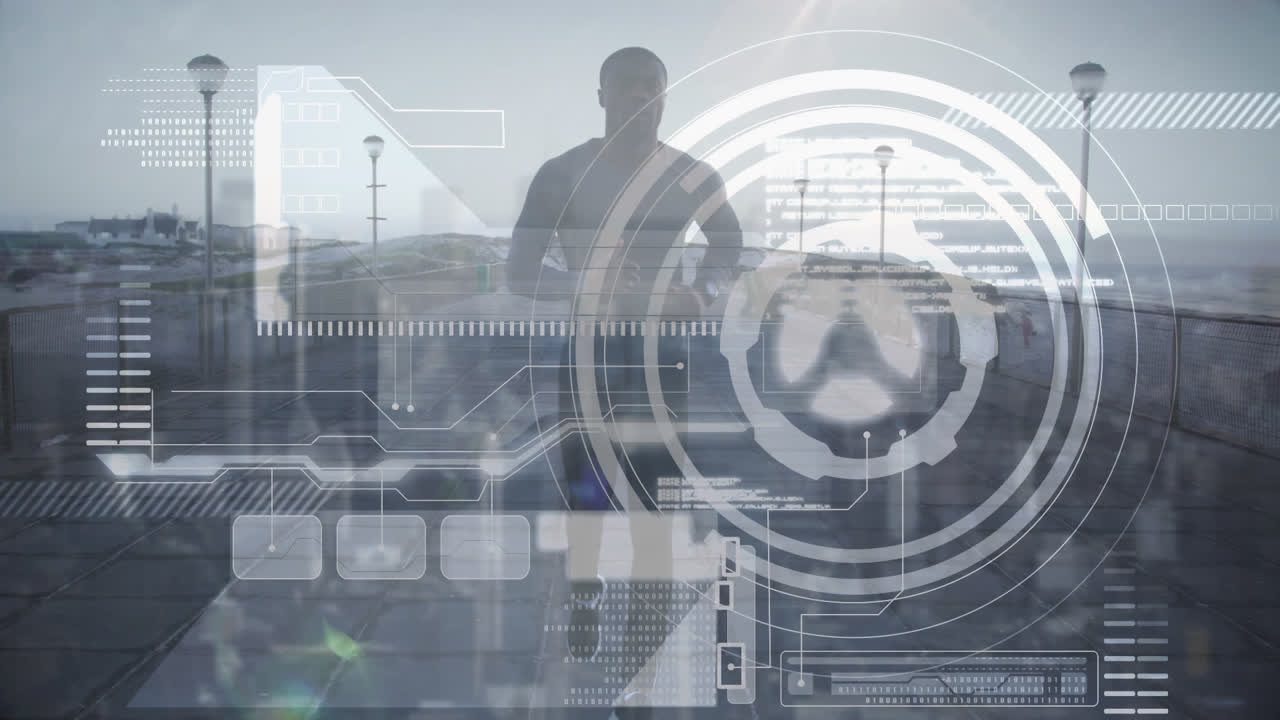 Computer interface with data processing and round scanner against african american man running