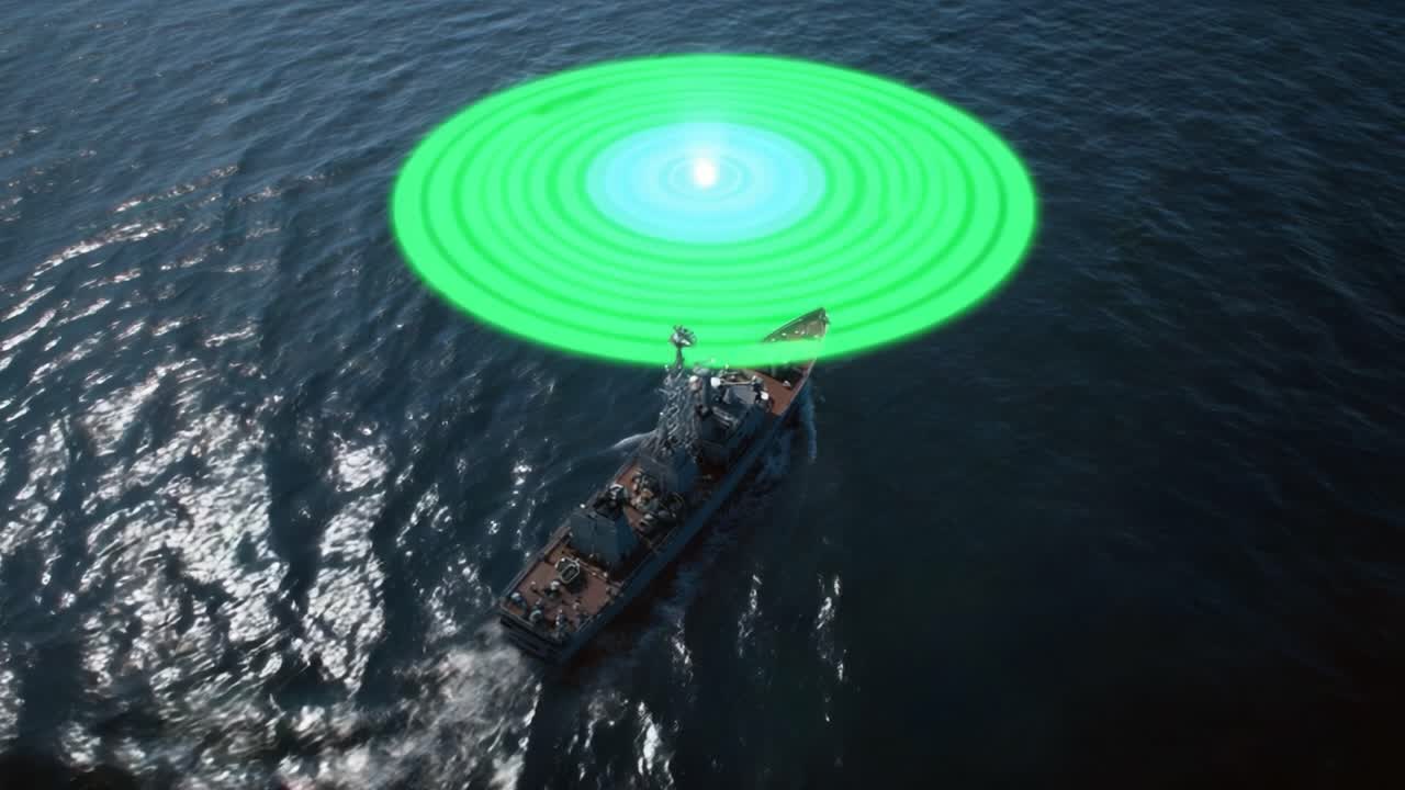 Piccola barca naviga su acque scure. Onde di energia verde emergono dal centro. La barca sembra interagire con un misterioso campo di forza.