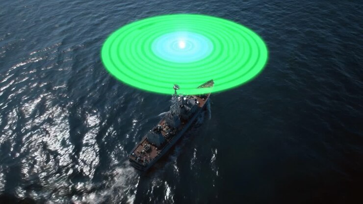 Piccola barca naviga su acque scure. Onde di energia verde emergono dal centro. La barca sembra interagire con un misterioso campo di forza.